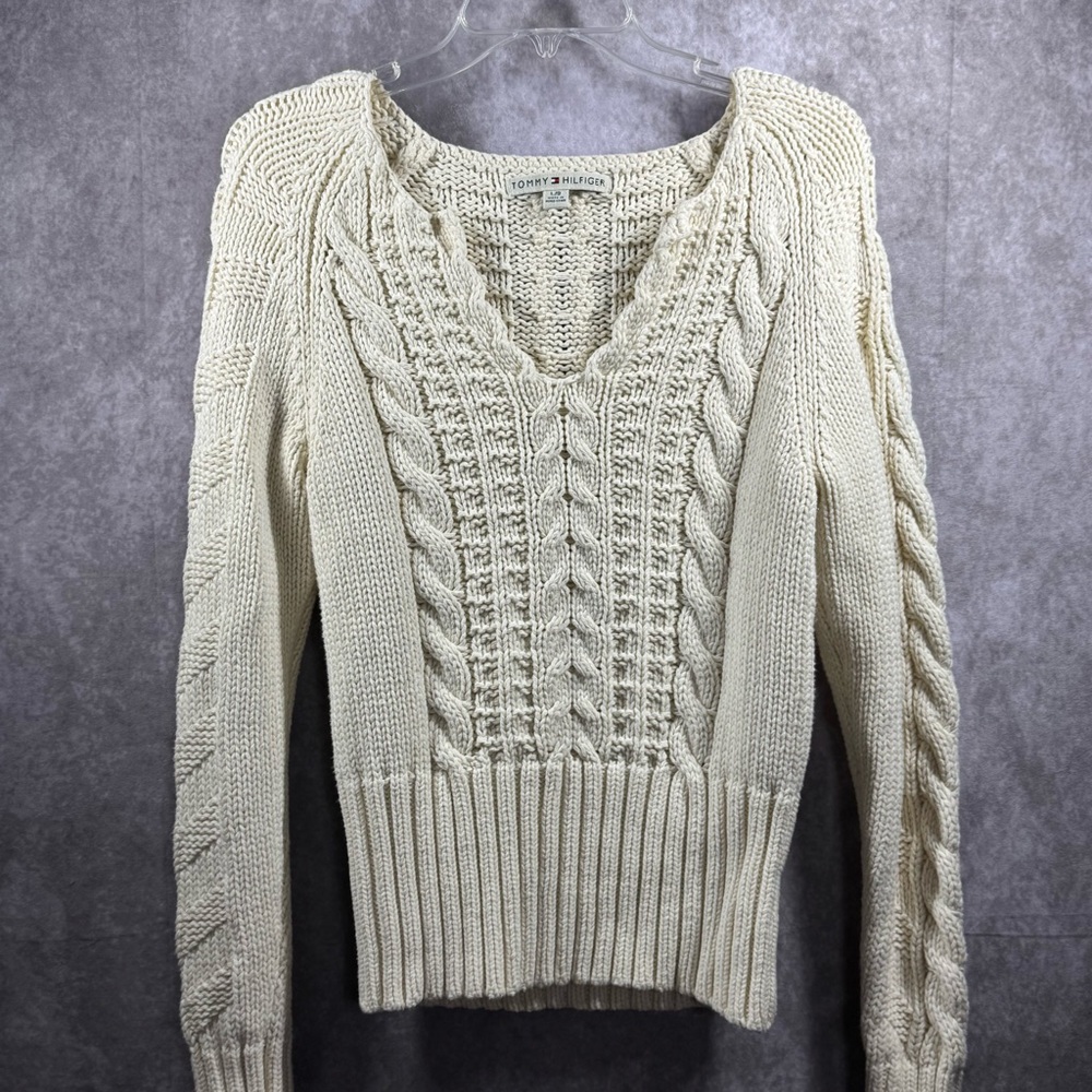 Vintage 00s Tommy Hilfiger Chunky Knit Crochet Wide Neck Off Shoulder Sweater